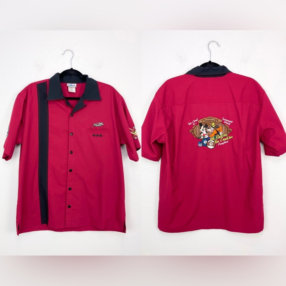 NWOT Disney’s Pool Shark Red Black Bowling Mickey And Goofy Shirt RARE